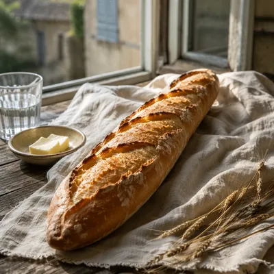 Fresh French Baguette on Linen Cloth