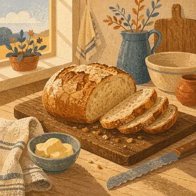 Rustic Fresh Baked Bread in Morning Light