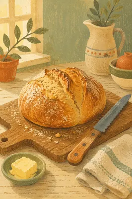 Rustic Fresh Baked Bread on Board