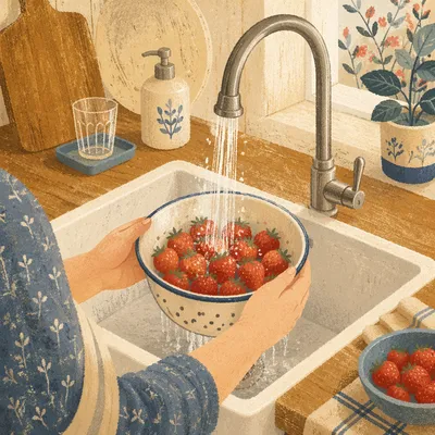 Fresh Strawberries Rinsed in Farmhouse Kitchen