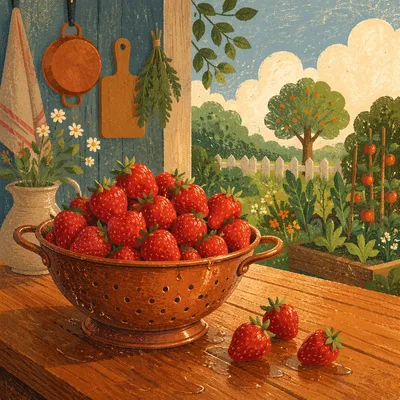 Fresh Strawberries in Copper Colander