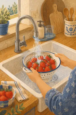 Fresh Strawberries Rinsed in Farmhouse Sink
