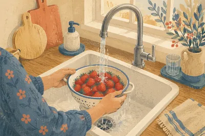 Fresh Strawberries Rinsed in Farmhouse Sink
