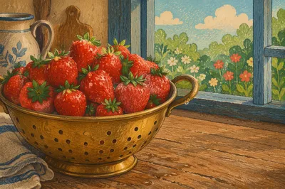 Fresh Strawberries in Brass Colander