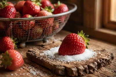 Fresh Strawberries on Rustic Kitchen Counter