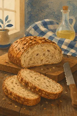 Rustic Seeded Bread Loaf on Cutting Board