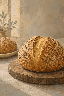 Rustic Seeded Bread on Wooden Board