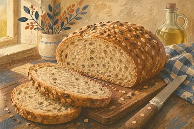 Rustic Seeded Bread on Wooden Board
