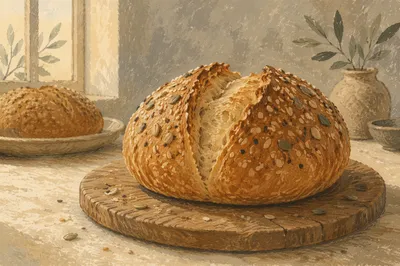 Rustic Seeded Bread on Wooden Board