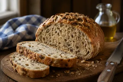 Rustic Seeded Bread Loaf on Cutting Board