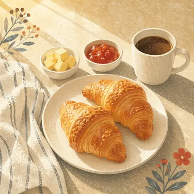 Golden Croissant Breakfast with Jam and Coffee