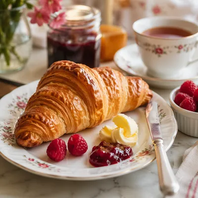 Golden Croissant Breakfast with Jam and Butter