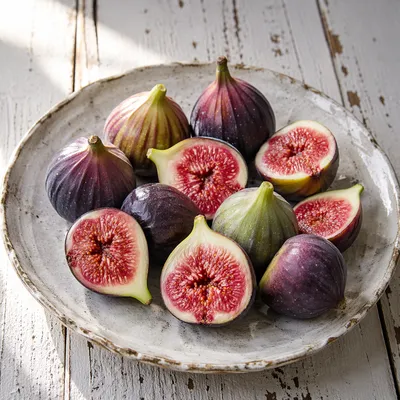 Fresh Halved Figs on Rustic Ceramic Plate