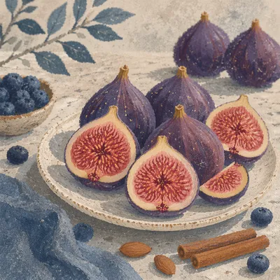 Fresh Halved Figs on Rustic Ceramic Plate