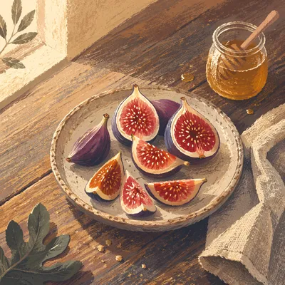 Fresh Halved Figs on Rustic Ceramic Plate