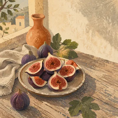 Fresh Halved Figs on Rustic Plate