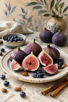 Fresh Halved Figs on Rustic Ceramic Plate