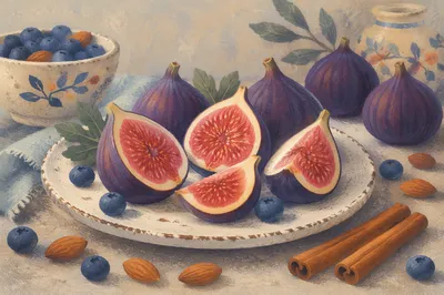 Fresh Halved Figs on Rustic Ceramic Plate