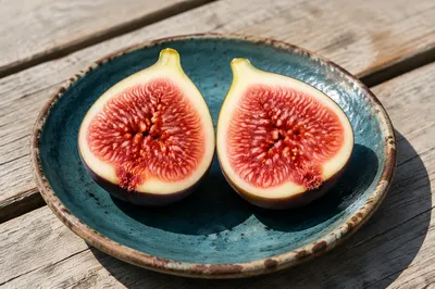 Halved Fresh Fig on Rustic Teal Plate