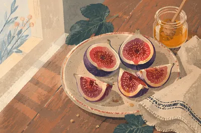 Fresh Halved Figs on Rustic Ceramic Plate