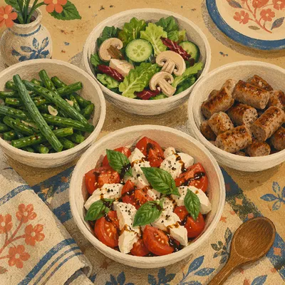 Overhead Caprese Salad Dinner Spread