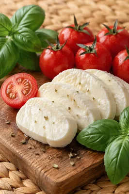 Fresh Caprese Salad Ingredients on Rustic Board