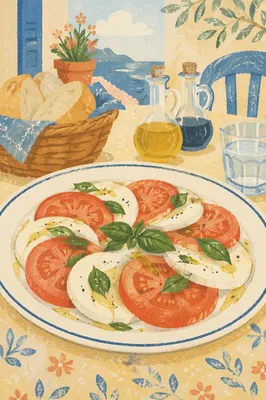 Fresh Caprese Salad on Mediterranean Café Table