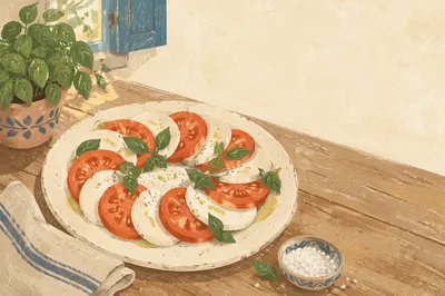Sunlit Caprese Salad on Rustic Table