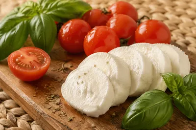 Fresh Caprese Salad Ingredients on Rustic Board