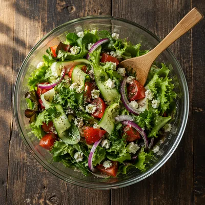 Colorful Fresh Salad Bowl Over Rustic Wood