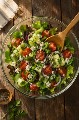 Overhead Fresh Salad Bowl on Rustic Wood