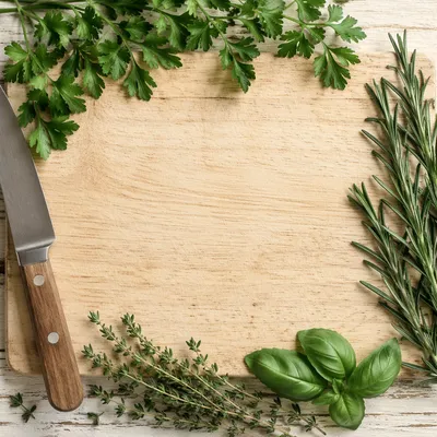 Fresh Garden Herbs on Wooden Cutting Board