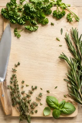 Fresh Garden Herbs on Wooden Cutting Board