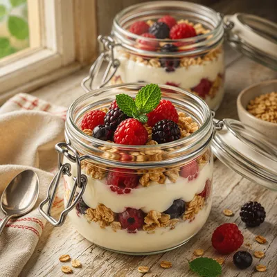 Layered Yogurt Parfait in Rustic Glass Jar