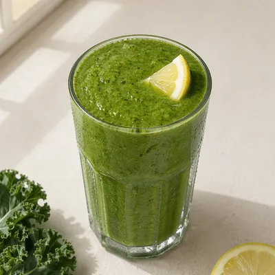Green Kale Smoothie with Lemon Wedge