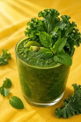 Green Smoothie with Kale on Yellow Table