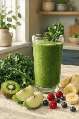 Fresh Green Smoothie with Kale and Fruit