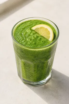 Fresh Green Smoothie with Lemon Garnish