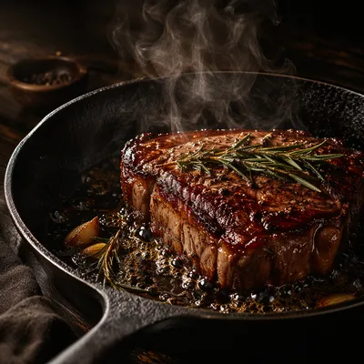 Sizzling Steak in Rustic Cast Iron Skillet