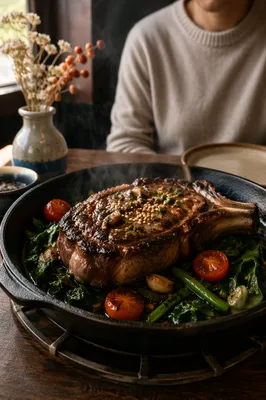 Sizzling Bone-In Steak in Cast Iron Skillet
