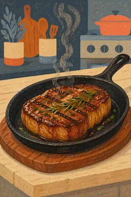 Sizzling Grilled Steak on Cast Iron Skillet