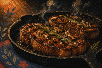 Sizzling Grilled Steak in Cast Iron Skillet