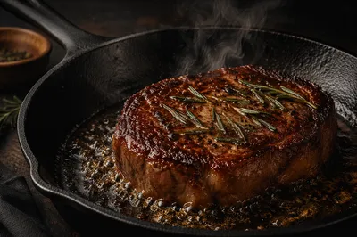 Sizzling Rosemary Steak in Cast Iron Skillet