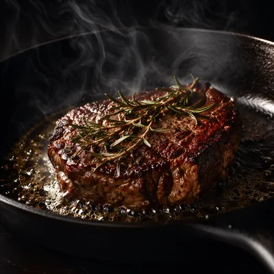 Sizzling Rosemary Steak in Cast Iron Skillet