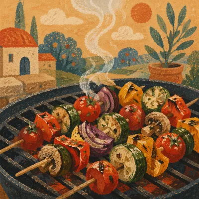 Grilled Vegetable Skewers on Rustic Barbecue