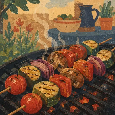 Grilled Vegetable Skewers on Backyard Barbecue
