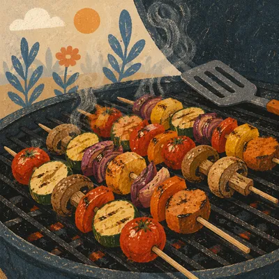Close-Up Grilled Vegetable Skewers on Barbecue