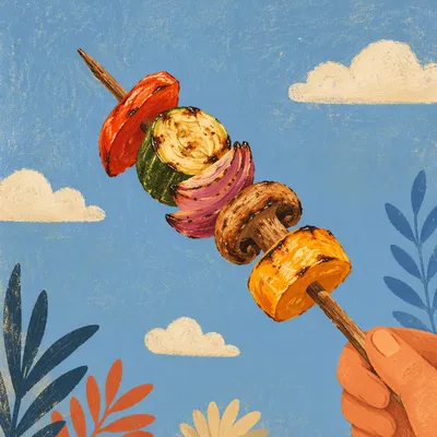 Colorful Grilled Vegetable Skewers Under Blue Sky
