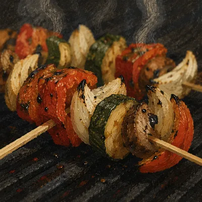 Close-Up Grilled Vegetable Skewers on Barbecue