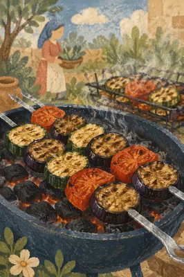 Grilled Vegetable Skewers Over Charcoal Barbecue